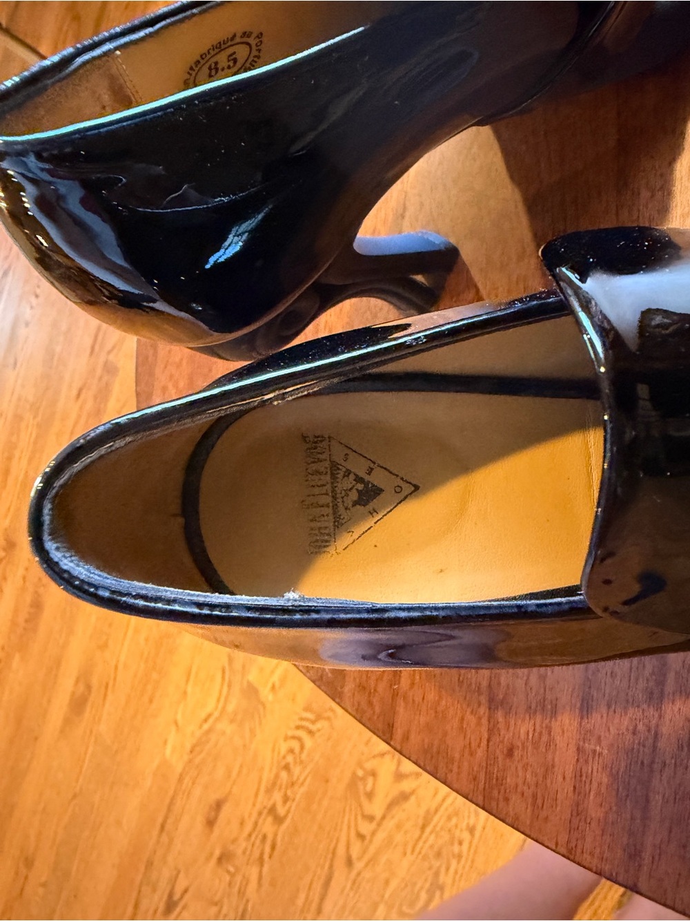 John Fluevog Black Patent & Velvet Fringe Pointed Heels with Buckle - Picture 5 of 7